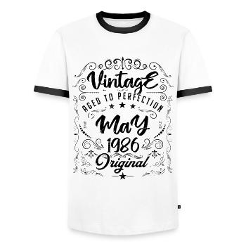 Vintage Né(e) en Mai 1986. anniversaire mai 1986. - T-shirt contrasté Homme - blanc/noir - Devant - AI Model Female 172 light (172cm) & AI Model Male 178 dark (178cm)