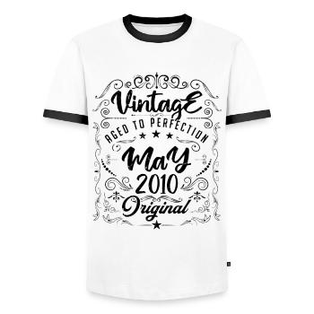 Vintage born in May 2010. Birthday May 2010. - Men's Ringer Shirt - white/black - Front - AI Model Female 172 light (172cm) & AI Model Male 178 dark (178cm)