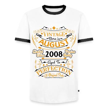 Vintage Flourish Birthday Gift August 2008 - Men's Ringer Shirt - white/black - Front - AI Model Female 172 light (172cm) & AI Model Male 178 dark (178cm)