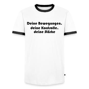 Pilates - Deine Bewegungen, deine Kontrolle, - Männer Kontrast-T-Shirt - Weiß/Schwarz - Vorne - AI Model Female 172 light (172cm) & AI Model Male 178 dark (178cm)