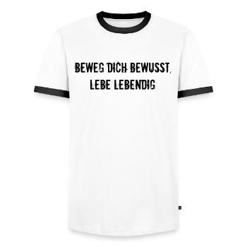 Pilates - Beweg dich bewusst, lebe lebendig - Männer Kontrast-T-Shirt - Weiß/Schwarz - Vorne - AI Model Female 172 light (172cm) & AI Model Male 178 dark (178cm)