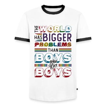 Bigger problems than guys kissing boys - Men's Ringer Shirt - white/black - Front - AI Model Female 172 light (172cm) & AI Model Male 178 dark (178cm)