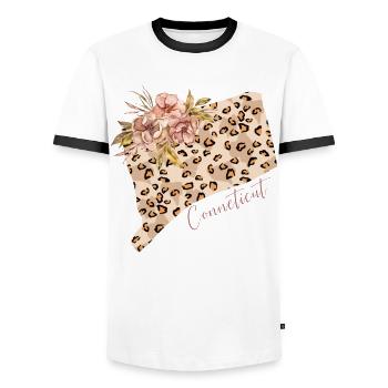Leopard Print Map State Cenneticut - Men's Ringer Shirt - white/black - Front - AI Model Female 172 light (172cm) & AI Model Male 178 dark (178cm)