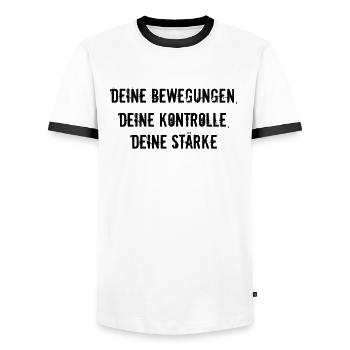 Pilates - Deine Bewegungen, deine Kontrolle, - Männer Kontrast-T-Shirt - Weiß/Schwarz - Vorne - AI Model Female 172 light (172cm) & AI Model Male 178 dark (178cm)