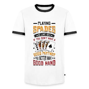 Pik-karten Spielen - Männer Kontrast-T-Shirt - Weiß/Schwarz - Vorne - AI Model Female 172 light (172cm) & AI Model Male 178 dark (178cm)