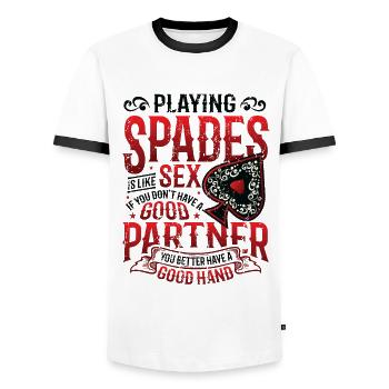 Play Cards of Spades - Men's Ringer Shirt - white/black - Front - AI Model Female 172 light (172cm) & AI Model Male 178 dark (178cm)