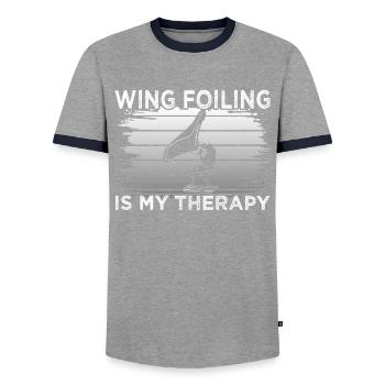 Wing Foiling Therapy - Men's Ringer Shirt - grey/navy  - Front - AI Model Female 172 light (172cm) & AI Model Male 178 light (178cm)