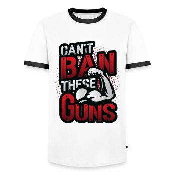 Can't Ban These Guns, Bizeps, Muscle, Bodybuilding - Männer Kontrast-T-Shirt - Weiß/Schwarz - Vorne - AI Model Female 172 light (172cm) & AI Model Male 178 dark (178cm)
