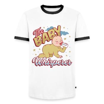 La chuchotrice, nounou, assistante maternelle, baby-sitter - T-shirt contrasté Homme - blanc/noir - Devant - AI Model Female 172 light (172cm) & AI Model Male 178 dark (178cm)