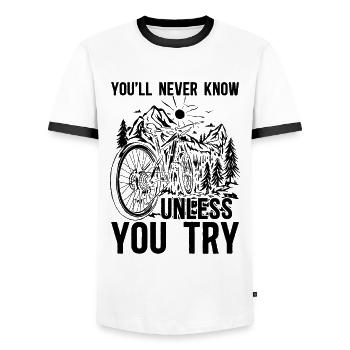 You'll Never Know Unless Bicycle Bicycling Cyclist - Men's Ringer Shirt - white/black - Front - AI Model Female 172 light (172cm) & AI Model Male 178 dark (178cm)