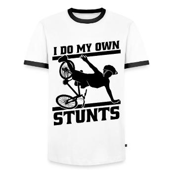 I Do My Own Stunts Bicycle Bicycling Biker Cyclist - Men's Ringer Shirt - white/black - Front - AI Model Female 172 light (172cm) & AI Model Male 178 dark (178cm)