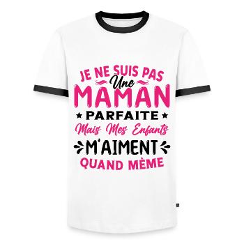 Pas une Maman Parfaite, Citation Maman Humour - T-shirt contrasté Homme - blanc/noir - Devant - AI Model Female 172 light (172cm) & AI Model Male 178 dark (178cm)