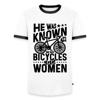 He Was Known For His Bicycle Mountain Bike Cyclist - Männer Kontrast-T-Shirt - Weiß/Schwarz - Vorne - AI Model Female 172 light (172cm) & AI Model Male 178 dark (178cm)