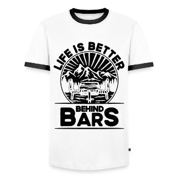 Life Is Better Behind Bars Bicycle Biking Cyclist - Men's Ringer Shirt - white/black - Front - AI Model Female 172 light (172cm) & AI Model Male 178 dark (178cm)