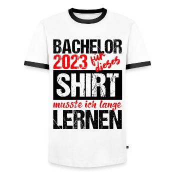 Bachelor 2023 Lange Genug Gelernt Lasst Uns Feiern - Männer Kontrast-T-Shirt - Weiß/Schwarz - Vorne - AI Model Female 172 light (172cm) & AI Model Male 178 dark (178cm)
