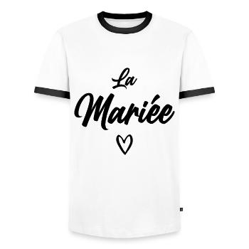 la Mariée Humour EVJF Cadeau - T-shirt contrasté Homme - blanc/noir - Devant - AI Model Female 172 light (172cm) & AI Model Male 178 dark (178cm)