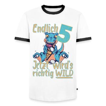 5. Geburtstag 5 Jahre Dino Dinosaurier T-rex Trex - Männer Kontrast-T-Shirt - Weiß/Schwarz - Vorne - AI Model Female 172 light (172cm) & AI Model Male 178 dark (178cm)