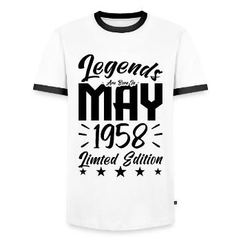 Naissance En mai 1958 Cadeau d'anniversaire 1958. - T-shirt contrasté Homme - blanc/noir - Devant - AI Model Female 172 light (172cm) & AI Model Male 178 dark (178cm)