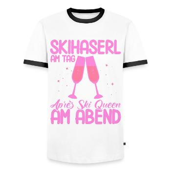 Apres Ski Skihaserl Am Tag Après Ski Queen Geschen - Männer Kontrast-T-Shirt - Weiß/Schwarz - Vorne - AI Model Female 172 light (172cm) & AI Model Male 178 dark (178cm)