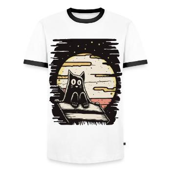 un chat assis sur le toit - T-shirt contrasté Homme - blanc/noir - Devant - AI Model Female 172 light (172cm) & AI Model Male 178 dark (178cm)