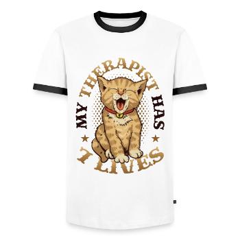 Mon thérapeute a 7 vies, amoureux des chats - T-shirt contrasté Homme - blanc/noir - Devant - AI Model Female 172 light (172cm) & AI Model Male 178 dark (178cm)