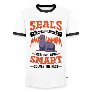 Cadeau de phoque Lion de mer Phoque Lion de mer - T-shirt contrasté Homme - blanc/noir - Devant - AI Model Female 172 light (172cm) & AI Model Male 178 dark (178cm)