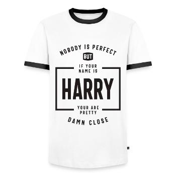 Harry: Pretty Damn Close to Perfect - Men's Ringer Shirt - white/black - Front - AI Model Female 172 light (172cm) & AI Model Male 178 dark (178cm)