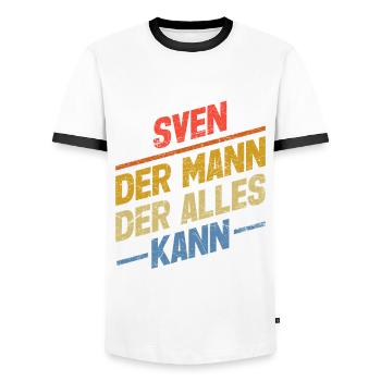 Sven Der Mann Der Alles Kann Vorname Sven - Männer Kontrast-T-Shirt - Weiß/Schwarz - Vorne - AI Model Female 172 light (172cm) & AI Model Male 178 dark (178cm)