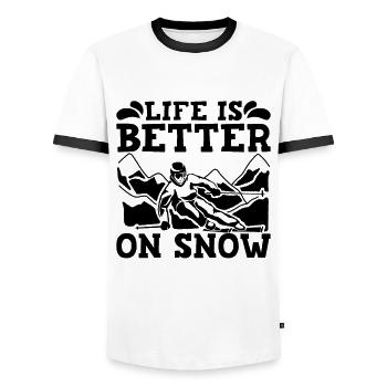 Life Is Better On Snow Ski Winter Sports XC Skier - Men's Ringer Shirt - white/black - Front - AI Model Female 172 light (172cm) & AI Model Male 178 dark (178cm)