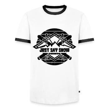 Just Say Snow Winter Sports Ski Racing XC Skier - Men's Ringer Shirt - white/black - Front - AI Model Female 172 light (172cm) & AI Model Male 178 dark (178cm)