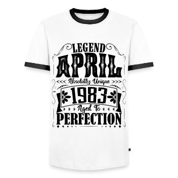 Avril 1983. Anniversaire avril 1983. Cadeau 1983. - T-shirt contrasté Homme - blanc/noir - Devant - AI Model Female 172 light (172cm) & AI Model Male 178 dark (178cm)