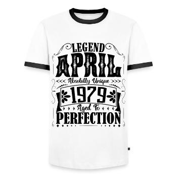 Avril 1979. Anniversaire avril 1979. Cadeau 1979. - T-shirt contrasté Homme - blanc/noir - Devant - AI Model Female 172 light (172cm) & AI Model Male 178 dark (178cm)