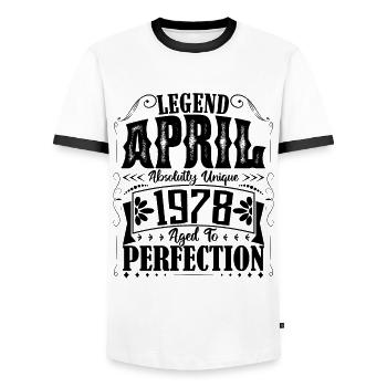 April 1978. Geburtstag April 1978. Geschenk 1978. - Männer Kontrast-T-Shirt - Weiß/Schwarz - Vorne - AI Model Female 172 light (172cm) & AI Model Male 178 dark (178cm)