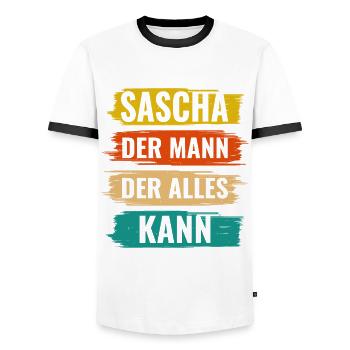 Sascha Der Mann Der Alles Kann Vorname Sascha - Männer Kontrast-T-Shirt - Weiß/Schwarz - Vorne - AI Model Female 172 light (172cm) & AI Model Male 178 dark (178cm)