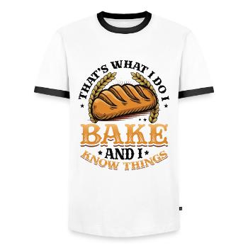 Boulanger, je le fais, je fais de la pâtisserie et je sais des choses - T-shirt contrasté Homme - blanc/noir - Devant - AI Model Female 172 light (172cm) & AI Model Male 178 dark (178cm)