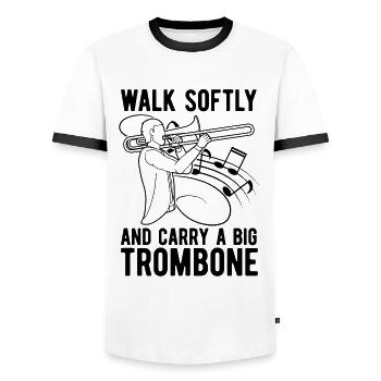 Walk Softly And Carry Wind Instrument Trombonist - Männer Kontrast-T-Shirt - Weiß/Schwarz - Vorne - AI Model Female 172 light (172cm) & AI Model Male 178 dark (178cm)
