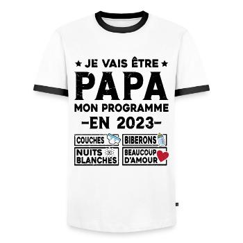 Je vais être papa mon programme en 2023 - T-shirt contrasté Homme - blanc/noir - Devant - AI Model Female 172 light (172cm) & AI Model Male 178 dark (178cm)
