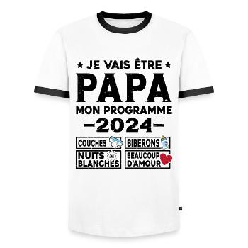 Je vais être papa mon programme en 2024 Futur Papa - T-shirt contrasté Homme - blanc/noir - Devant - AI Model Female 172 light (172cm) & AI Model Male 178 dark (178cm)