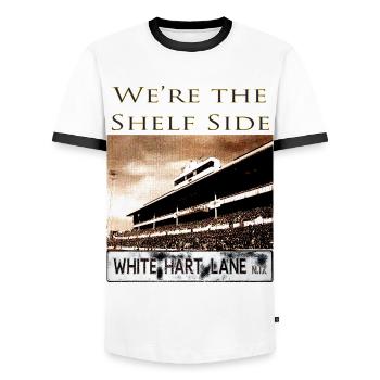 We're the Shelf Side - Men's Ringer Shirt - white/black - Front - AI Model Female 172 light (172cm) & AI Model Male 178 dark (178cm)