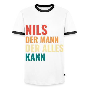 Nils Der Mann Der Alles Kann Vorname Nils - Männer Kontrast-T-Shirt - Weiß/Schwarz - Vorne - AI Model Female 172 light (172cm) & AI Model Male 178 dark (178cm)