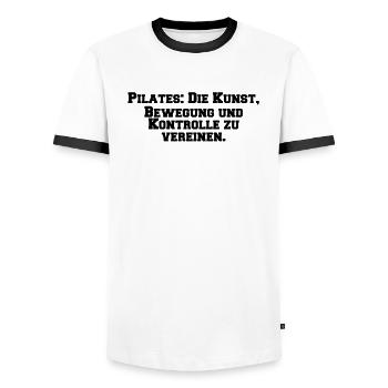 Pilates - Pilates: Die Kunst, Bewegung und - Männer Kontrast-T-Shirt - Weiß/Schwarz - Vorne - AI Model Female 172 light (172cm) & AI Model Male 178 dark (178cm)