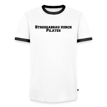 Pilates - Stressabbau durch Pilates - Männer Kontrast-T-Shirt - Weiß/Schwarz - Vorne - AI Model Female 172 light (172cm) & AI Model Male 178 dark (178cm)