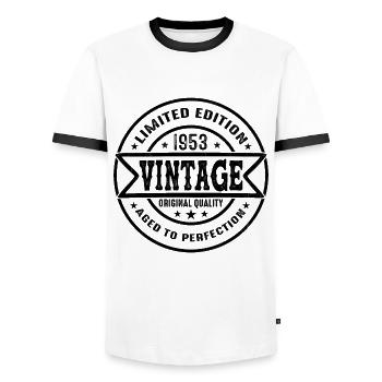 1953 Vintage Original 1953 Birthday Gift - Men's Ringer Shirt - white/black - Front - AI Model Female 172 light (172cm) & AI Model Male 178 dark (178cm)