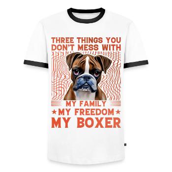 Three things you don't mess with - Men's Ringer Shirt - white/black - Front - AI Model Female 172 light (172cm) & AI Model Male 178 dark (178cm)