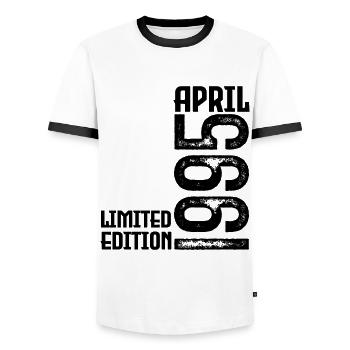 Gift April 1995. Anniversary April 1995. April. - Men's Ringer Shirt - white/black - Front - AI Model Female 172 light (172cm) & AI Model Male 178 dark (178cm)