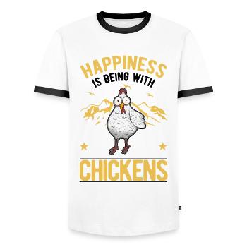 Le bonheur, c’est d’être avec Chickens Hühner - T-shirt contrasté Homme - blanc/noir - Devant - AI Model Female 172 light (172cm) & AI Model Male 178 dark (178cm)