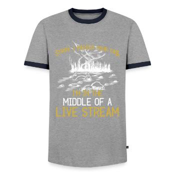 Fliegenfischen Design Für Forelle Fliegenfischer - T-shirt contrasté Homme - gris/marine  - Devant - AI Model Female 172 light (172cm) & AI Model Male 178 light (178cm)