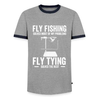 Fliegenfischer Design Für Bachforelle - T-shirt contrasté Homme - gris/marine  - Devant - AI Model Female 172 light (172cm) & AI Model Male 178 light (178cm)