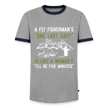 Fliegenfischer-design Für - T-shirt contrasté Homme - gris/marine  - Devant - AI Model Female 172 light (172cm) & AI Model Male 178 light (178cm)