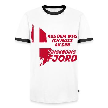 Ringkøbing Fjord Dänemark Flagge - Männer Kontrast-T-Shirt - Weiß/Schwarz - Vorne - AI Model Female 172 light (172cm) & AI Model Male 178 dark (178cm)